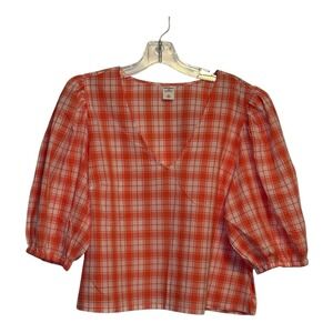 Melrose and Market Plaid Summer Blouse Puff Sleeve V-Neck Top Orange White Large